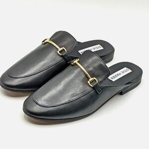 STEVE MADDEN Black Leather Mules Gold Horsebit Loafer Slides Size 8
